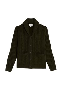 Dunkelgrüne Strickjacke mit Schalkragen, strukturierten Zöpfen, zwei Fronttaschen und Knopfverschluss.