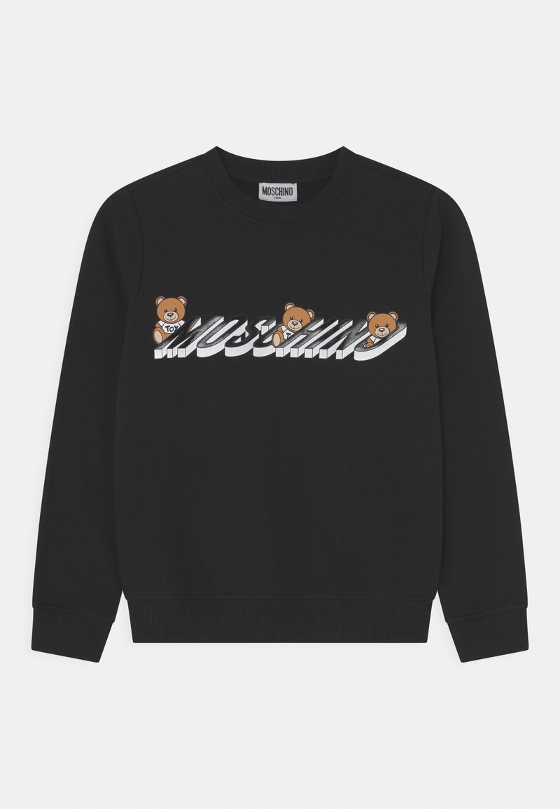 Sweat à capuche noir avec un logo imprimé représentant des ours en peluche et le mot "Moschino" en lettres blanches stylisées. Manches et bas côtelés.
