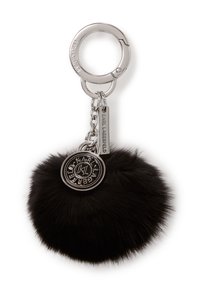 Portachiavi pom-pom in pelo sintetico nero con anello in metallo argentato. Include un'etichetta in metallo argentato con incisione "Karl Lagerfeld" e un accento rotondo del logo.