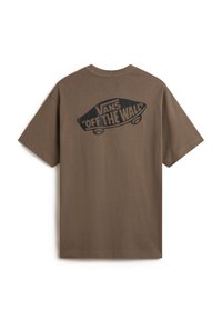 Brown cotton t-shirt featuring a large black graphic of a skateboard and "VANS 'OFF THE WALL'" text on the back. Short sleeves, crew neck.