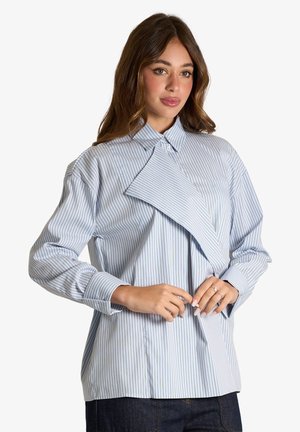 Donna con lunghi capelli castani che indossa una camicia a maniche lunghe a righe azzurre e bianche con un dettaglio asimmetrico sul davanti e jeans scuri.
