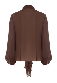 Blusa trasparente marrone con maniche lunghe, colletto e chiusura annodata sul retro. Tessuto liscio, vestibilità comoda e materiale leggero.