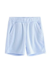 Lysblå fleece shorts med elastisk talje og to sidelommer. Blød tekstur og afslappet design, med kantede kanter.