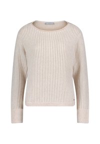 Beige gestrickter Pullover mit geripptem Textur, weitem runden Ausschnitt und langen Ärmeln. Hat einen verkürzten Schnitt und ein dezentes Logo-Detail.