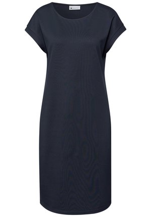 Granatowa, codzienna sukienka do kolan z podwiniętymi krótkimi rękawami i okrągłym dekoltem.