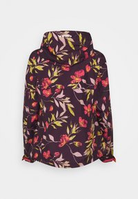 Květinová kapucínková bunda v tmavě purpurové barvě, s živými červenými a žlutými květinami, volného střihu a nastavitelnou kapucí pro pohodlí.