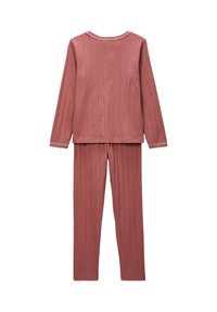Ensemble de pyjama à manches longues et côtelé en rose poussiéreux avec un col arrondi, agrémenté d'une délicate bordure en dentelle et d'un pantalon assorti.