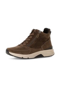 Brown suede high-top sneaker with lace and zipper closure, featuring a beige sole and textured black accents on the heel.