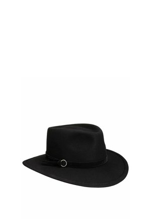 Black wide-brimmed fedora hat with a decorative band and small metal ring detail on a white background.