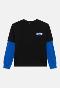 Black t-shirt with long blue sleeves, featuring a graphic logo in blue and white on the left chest. Made of cotton blend material.