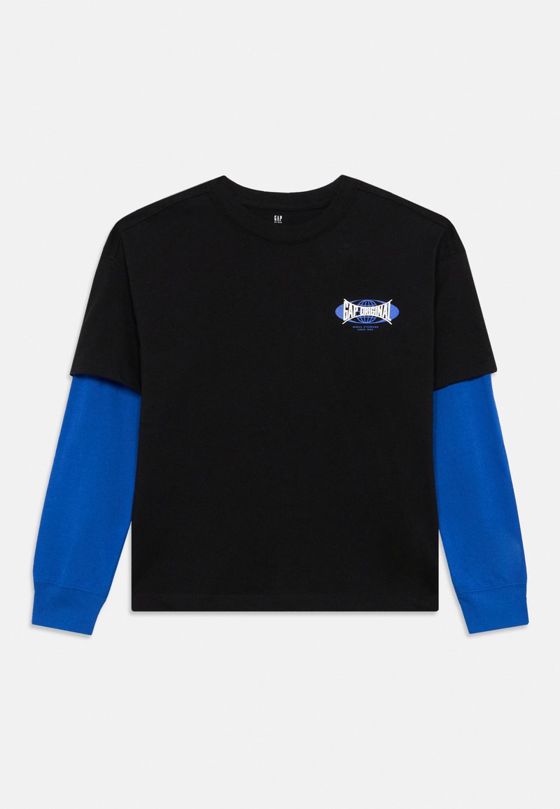 Black t-shirt with long blue sleeves, featuring a graphic logo in blue and white on the left chest. Made of cotton blend material.