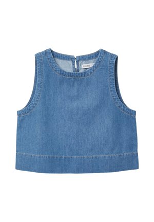 Haut court en denim bleu sans manches avec encolure ronde et fermeture éclair au dos, présentant des détails de couture visibles.