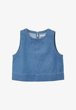 Ärmelloses blaues Denim-Crop-Top mit rundem Ausschnitt und Reißverschluss auf der Rückseite, mit sichtbaren Steppnähten.