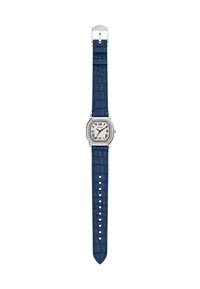 Quadratische silberne Uhr mit weißem Zifferblatt und römischen Ziffern. Dunkelblaues, strukturiertes Lederarmband mit Krokodilprägung und silberner Schnalle.