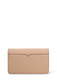 Beige leather wallet with a smooth finish, featuring a subtle v-shaped design at the front, rounded edges, and visible stitching details.