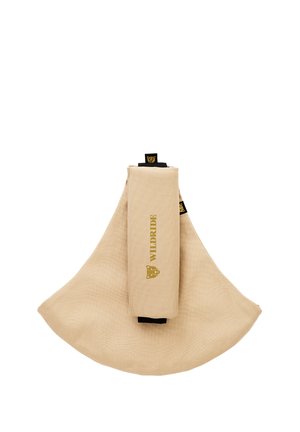 Fascia elastica beige in tessuto con linguette nere, piegata e marchiata con "WILDRIDE" e un logo leopardo in lettere dorate.