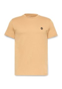 T-shirt a maniche corte in cotone color sabbia, con un piccolo logo nero a forma di albero sul lato sinistro del petto e un taglio dritto all'orlo.