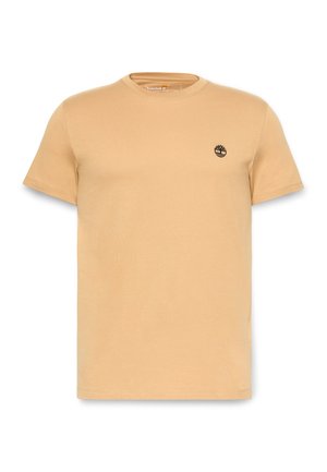 Tričko s krátkým rukávem a kulatým výstřihem z lehkého bavlněného materiálu v světlé béžové barvě, se smaltovaným černým logem stromu na levé části hrudi a rovným střihem na spodním lemu.