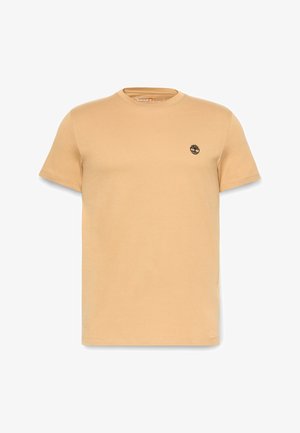 Korte mouw crewneck t-shirt in lichtbruin katoen, met een klein zwart boomborduur op de linkerboven borst en een rechte snit aan de onderkant.