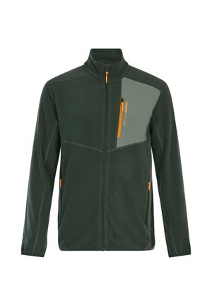 Donkergroene fleece jacket met lichtgroen borstpaneel en oranje ritsaccenten, voorzien van een hoge kraag en drie ritszakken.