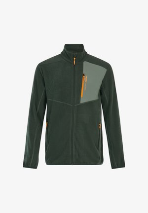 Donkergroene fleece jacket met lichtgroen borstpaneel en oranje ritsaccenten, voorzien van een hoge kraag en drie ritszakken.