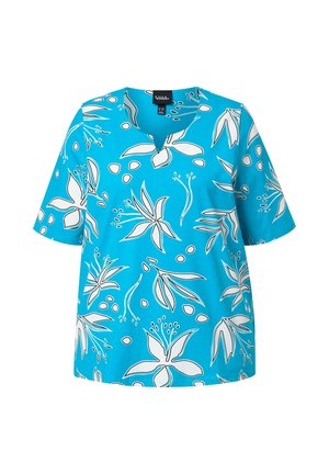 Blaues Kurzarmoberteil mit weißen und schwarzen Blumenmustern und kleinem V-Ausschnitt.