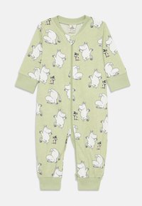 Grön bomullsbody med långa ärmar, framdragkedja och Mumin-karaktärstryck. Har ribbade muddar och lekfulla illustrationer på mjukt tyg.