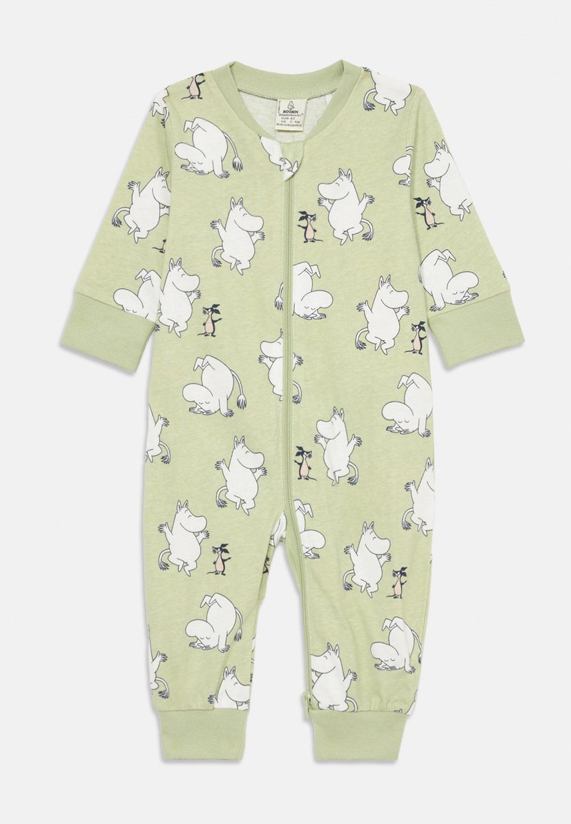 Grön bomullsbody med långa ärmar, framdragkedja och Mumin-karaktärstryck. Har ribbade muddar och lekfulla illustrationer på mjukt tyg.