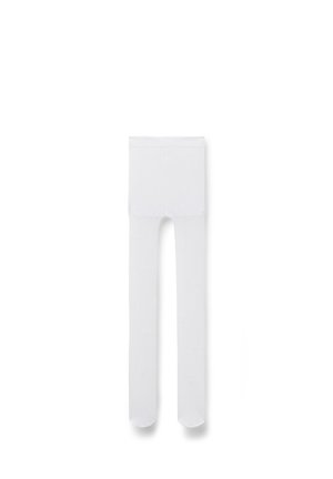 Hvide uigennemsigtige strømpebukser med elastisk talje, lagt fladt på en hvid baggrund.