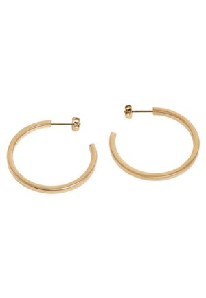 Kolczyki koła ze złoconego metalu z zapięciem na sztyft, gładką powierzchnią i polerowanym wykończeniem, prezentowane na białym tle.