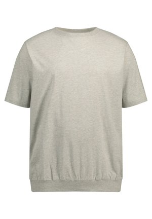 Helles graues T-Shirt mit kurzen Ärmeln, rundem Halsausschnitt, elastischem Saum und einem dezenten Logo-Detail auf der Brust. Aus weichem Baumwollmischmaterial.