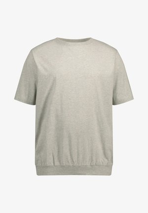 Helles graues T-Shirt mit kurzen Ärmeln, rundem Halsausschnitt, elastischem Saum und einem dezenten Logo-Detail auf der Brust. Aus weichem Baumwollmischmaterial.