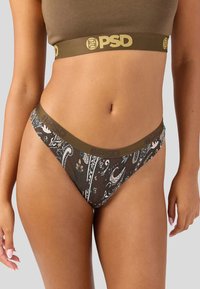 Bruine bandana-print stringonderbroek met een effen olijfgroene tailleband met het 'PSD'-logo. Katoenen materiaal, gladde textuur.