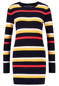 Robe à rayures avec manches longues, présentant des rayures horizontales bleu marine, rouge, jaune et blanc. Fabriquée en tissu doux et extensible. Encolure ronde.