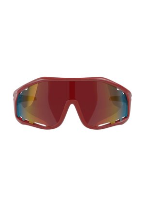 Sport sunglasses with red wraparound frame and large mirrored lenses with yellow and blue gradient accents.