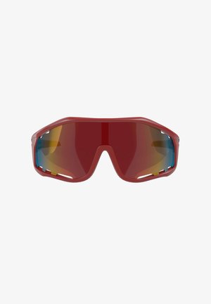 Sport-Sonnenbrille mit rotem Wraparound-Rahmen und großen verspiegelten Gläsern mit gelb-blauen Farbverlauf-Akzenten.