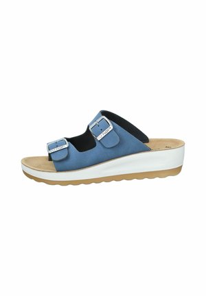 Sandalia deslizante azul con dos correas ajustables, herrajes plateados, plantilla acolchada y una suela de cuña texturizada en blanco y marrón.