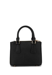 Borsa nera con forma strutturata, realizzata in materiale testurizzato. Presenta due manici superiori, accessori in colore oro e una chiusura a zipper.