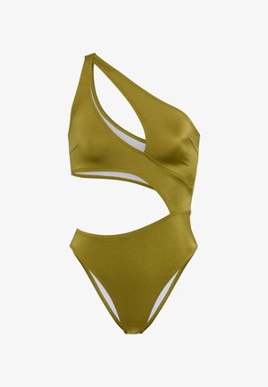 One-shoulder olive green swimsuit with cut-out side design, made from smooth material, featuring contrasting white lining and minimal stitching details.