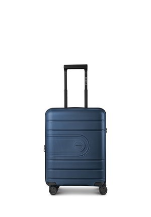 Valigia rigida blu navy con quattro ruote e manico telescopico nero esteso, con marchio "REDOLZ" sul davanti e sul manico.