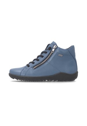 Blue leather ankle shoe with black laces, a side zipper, and a black rubber sole with tread for grip.