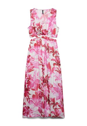 Robe maxi sans manches avec imprimé floral rose et rouge, encolure en V et découpe à la taille style portefeuille sur fond blanc.