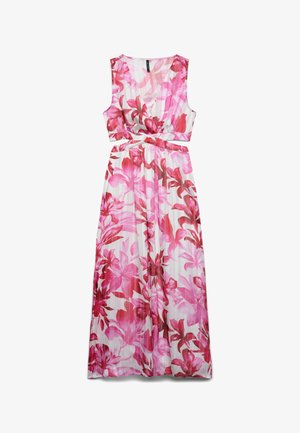 Ärmelloses Maxikleid mit pinkem und rotem Blumenmuster, V-Ausschnitt und Wickel-Taillenausschnitt auf weißem Hintergrund.