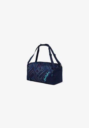 Sac de sport marine avec motif géométrique en violet et teal. Dispose de deux poignées de transport et de compartiments zippés pour le rangement.