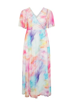 Maxikleid mit kurzen Rüschenärmeln, Wickelärmeln mit V-Ausschnitt und fließendem Rock in einem pastellfarbenen Aquarellmix aus Rosa, Blau, Lila und Gelb.
