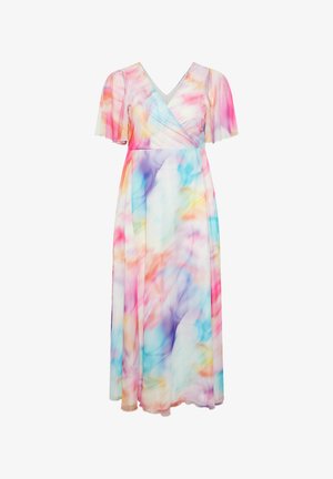 Maxikleid mit kurzen Rüschenärmeln, Wickelärmeln mit V-Ausschnitt und fließendem Rock in einem pastellfarbenen Aquarellmix aus Rosa, Blau, Lila und Gelb.