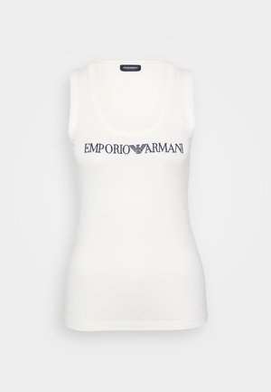 Weißes Tanktop mit Rundhalsauschnitt und ärmellosem Design. Merkmale ein navyblaues "EMPORIO ARMANI"-Logo, das quer �über die Vorderseite gedruckt ist.