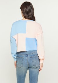 Felpa accorciata in blu chiaro e rosa pastello, caratterizzata da un design a blocchi di colore. Maniche lunghe e vestibilità comoda, realizzata in tessuto morbido.