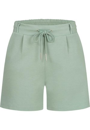 Mintgroene shorts gemaakt van zacht materiaal, met een elastische tailleband, een trekkoord met metalen tips en voorplooien.