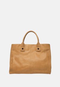 Tan leren handtas met een gestructureerde vorm, platte basis, twee korte handvatten en rechthoekig ontwerp. Voorzien van subtiele stiksels en zwarte accenten.